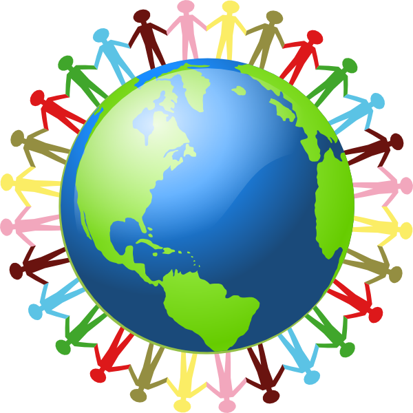 Hand in hand people around globe clipart