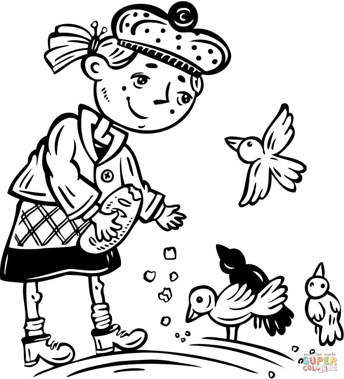 Young Girl Feeding the Birds coloring page | Free Printable ...