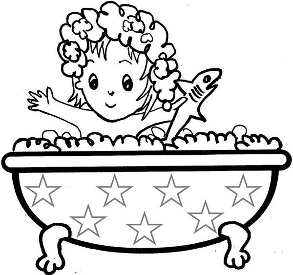 Little Girl Take a Bath with Shark Doll Coloring Pages: Little ...