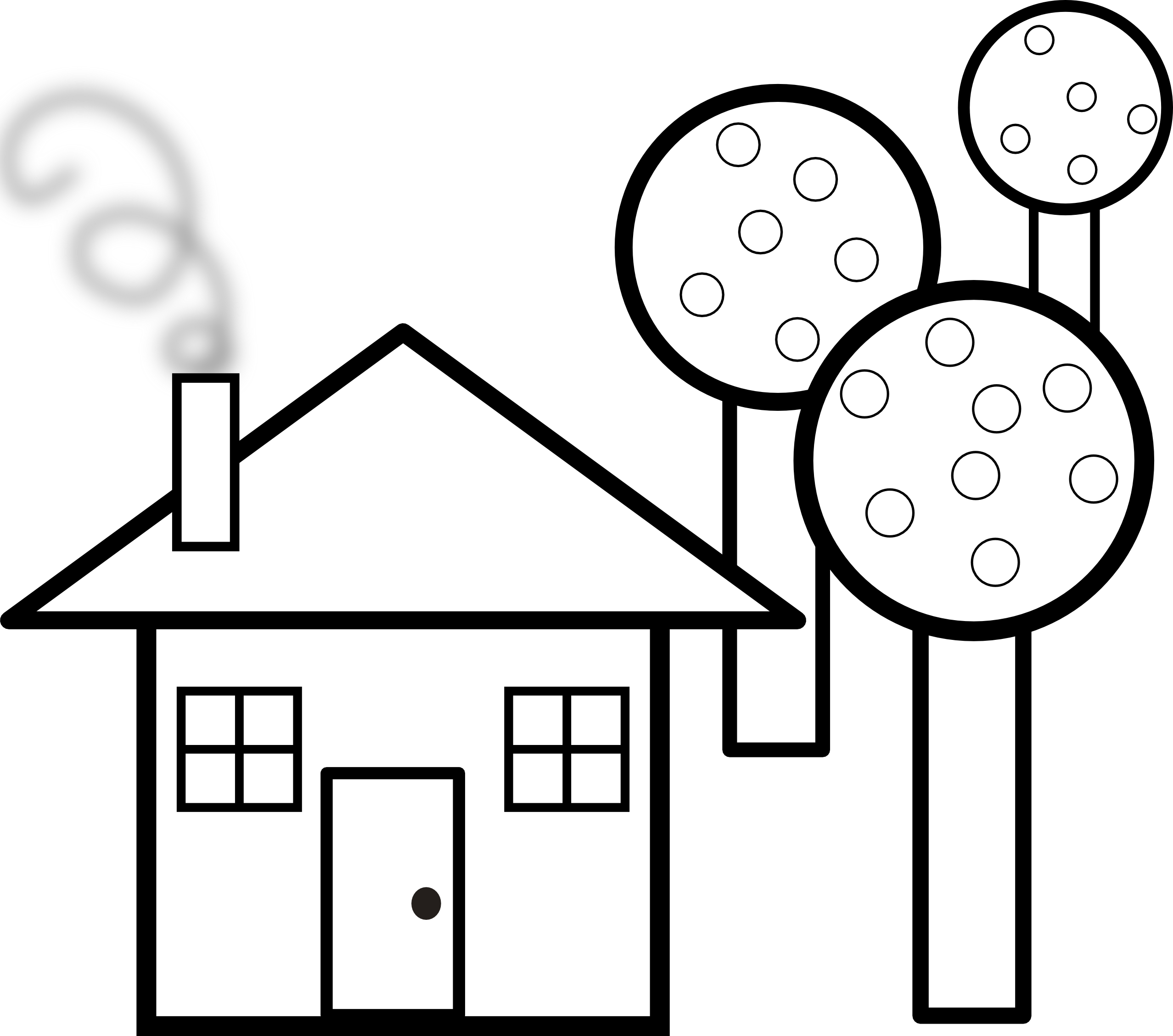 house with trees black white line art coloring ...