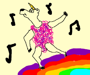 Pink fluffy unicorns dancing on rainbows.