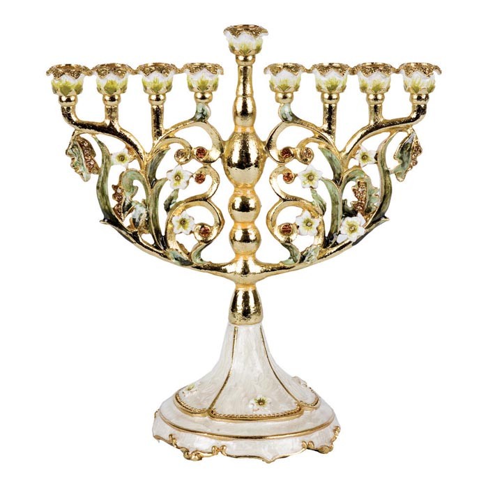 24K Gold Plated Hanukah Menorah Ivory and White Forget-Me-Not ...