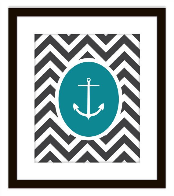 Nautical Bathroom Chevron Print - Set of 6 (Ship, Fish, Rope ...