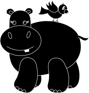 Hippo Bird Clipart Image - A black and white cartoon hippo with a ...