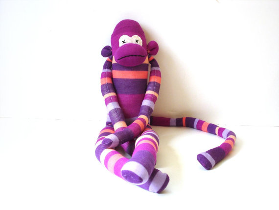 Sock monkey toy doll bright colorful purple by NancyEllenStudios