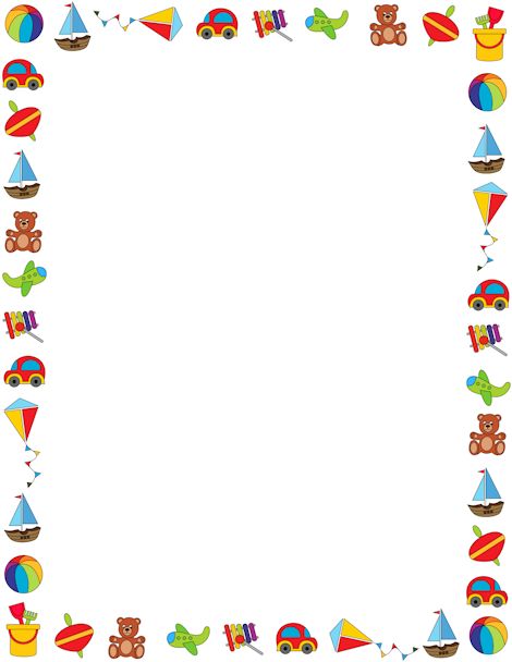 Colorful border on a white background featuring children's toys ...