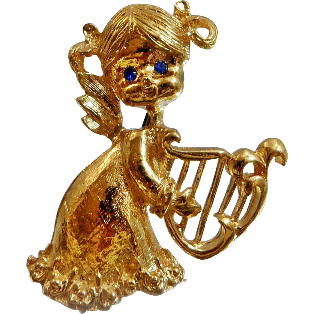 Vintage Little Girl Angel with Harp Brooch. Gerry's. Gold Tone ...