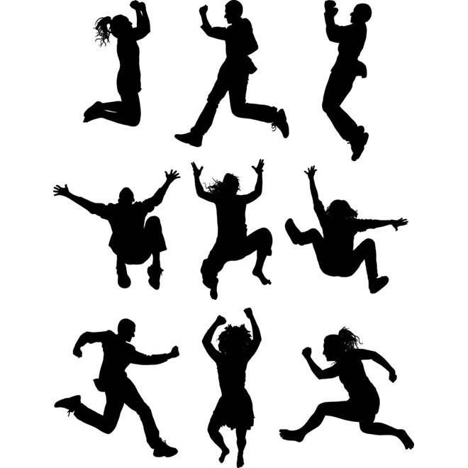 Vector silhouettes happy girls and boys jumping illustration