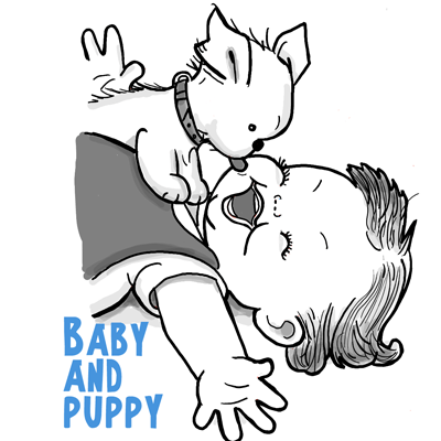 How to Draw a Cute Baby and Puppy Licking His Face Drawing ...