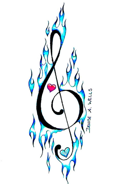 music note on fire tattoo