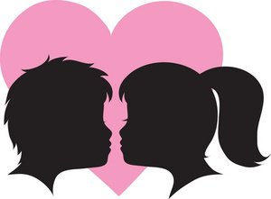 Silhouette boy and girl kissing clipart
