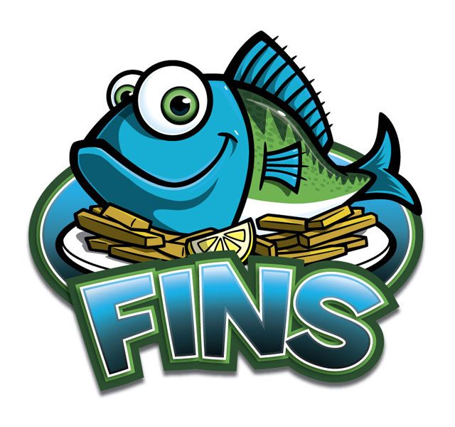 Fins" Restaurant Cartoon Fish Character Logo