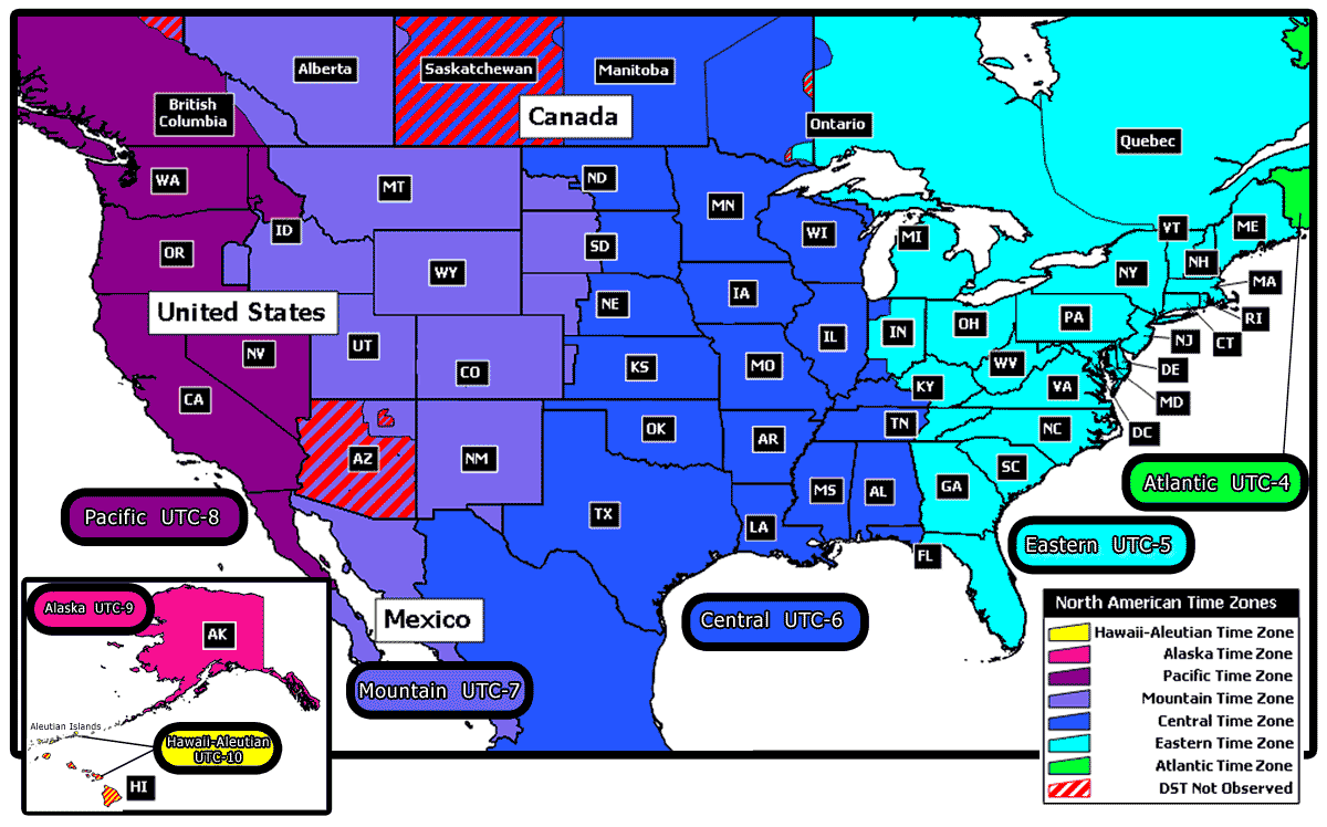 time zone map usa canada