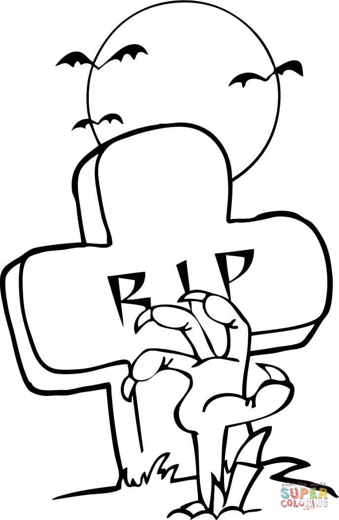 Zombie Hand Coming out Under a Tombstone in Halloween coloring ...