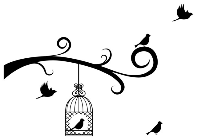 Bird Cage And Birds With Tree Branches Decal - Contemporary - Wall ...