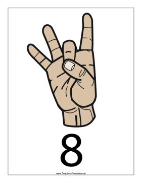 This printable features a sign language number 8 with a label ...