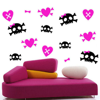 Girly Skulls and Hearts Wall Decals 48 Piece Set