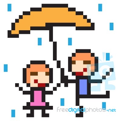 Pixel Art Couple Rain Stock Image - Royalty Free Image ID 100433572