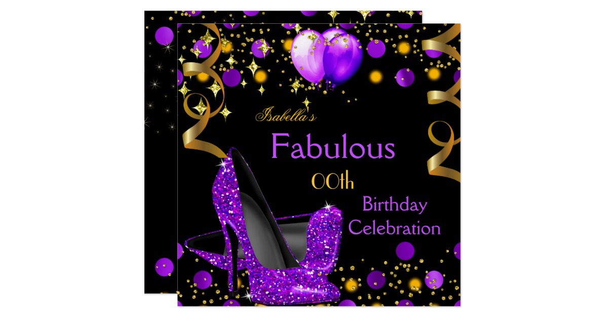 Purple High Heels Gold Balloons Birthday Party Card | Zazzle