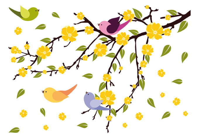 Tree Branch with flying birds and leaves - Cute Vinyl Decor