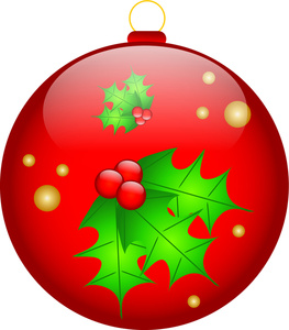 Ornament Clipart Image - Red Christmas Ornament with a Holly Leaf