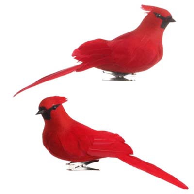 RAZ Red Cardinal Clip on Feathered Bird Christmas Ornament Set of 2