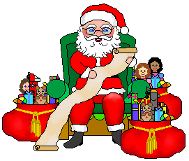 Christmas clip art of Santa Claus with toy list and filled toy bags