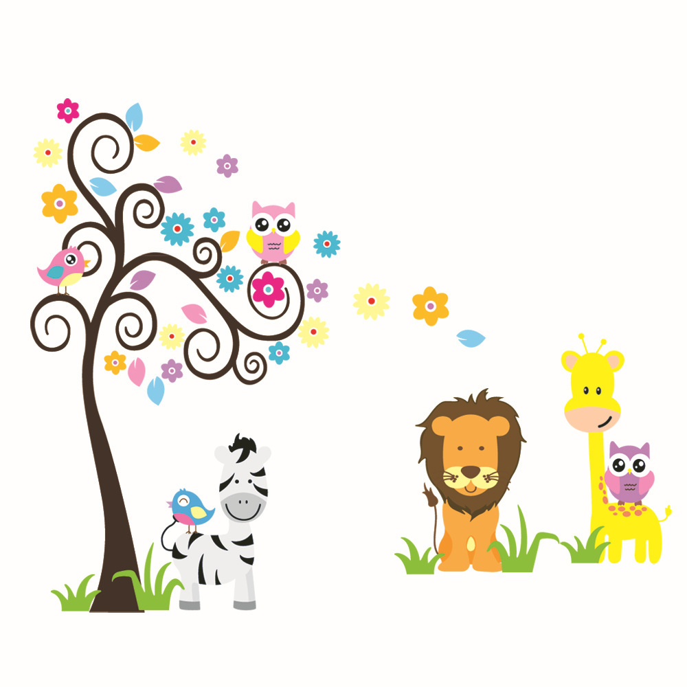 Online Shop Lion Zebra Owls flower tree Cartoon animal wall ...