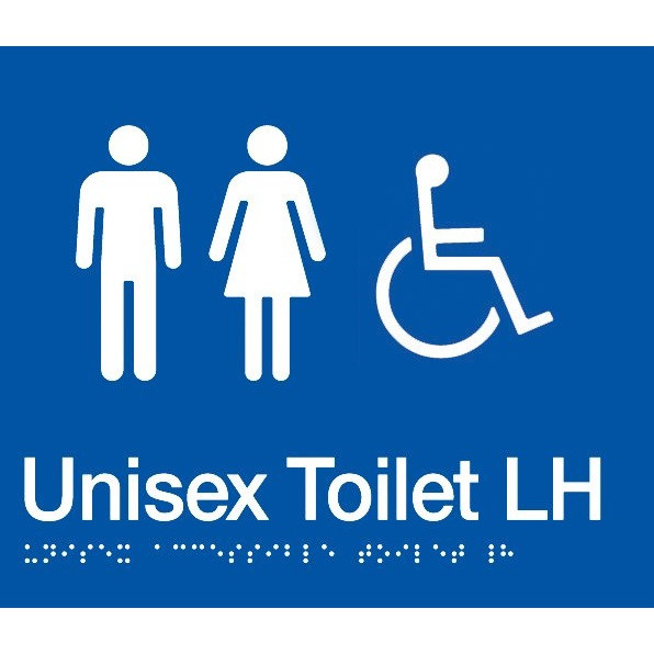 Blue Unisex/Disabled Toilet Sign w/ Braille - Left Hand Transfer