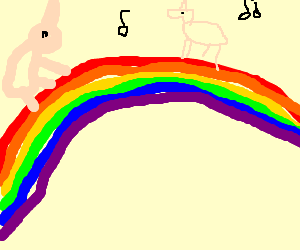 Pink fluffy unicorns dancing on rainbows