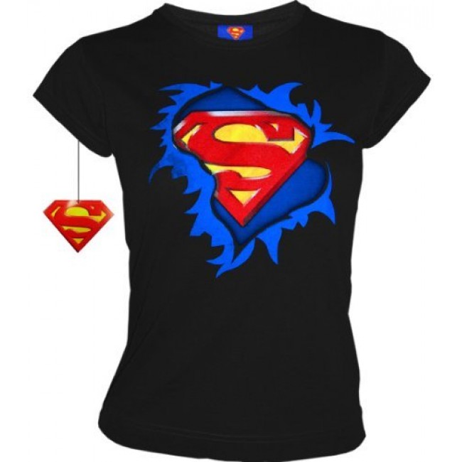Superman Supergirl Retro Comic Damen T Shirt Torn Logo Schwarz Gr Xl