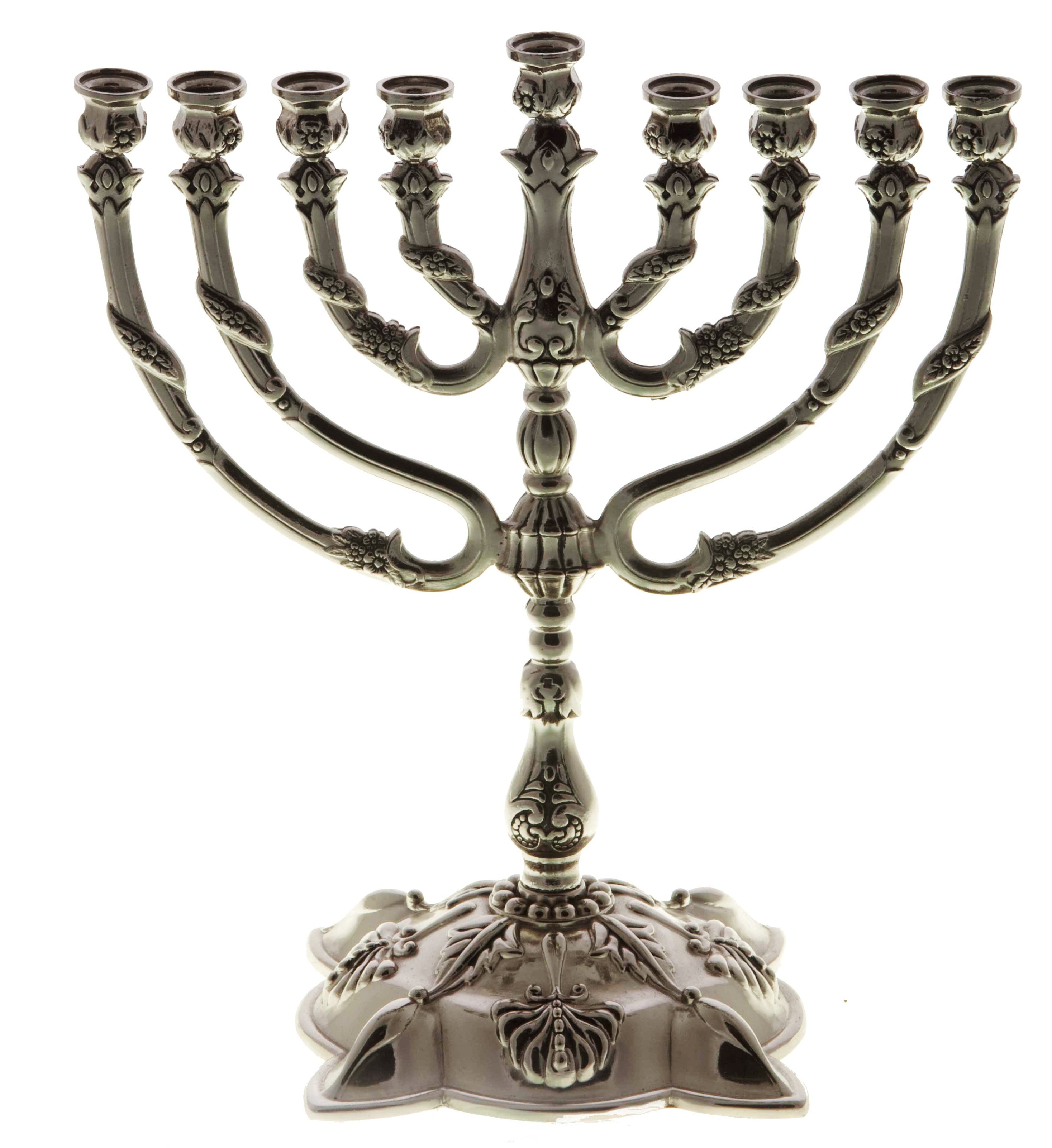 Nickel Plated Hanukkah Menorah with Floral Pattern