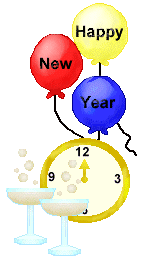 New Year's clip art of balloons and clocks and champagne and Happy ...