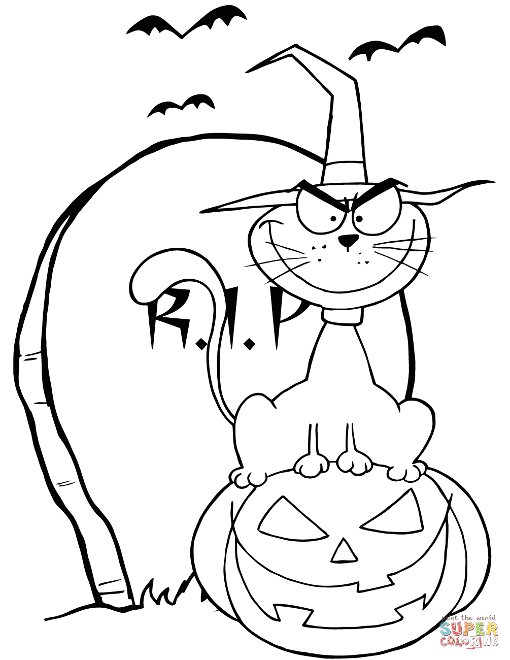 Halloween Cat on Pumpkin near Tombstone coloring page | Free ...