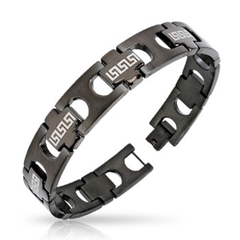 Stainless Steel Black IP Tribal Link Logo Bracelet at TitaniumOnly.com