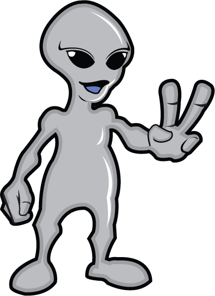 A grey illustration of an alien making the peace sign with two fingers.