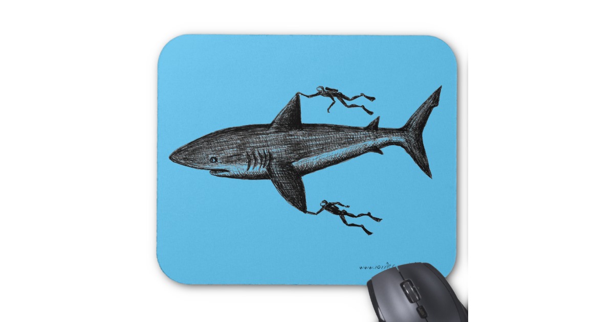 Megalodon shark and divers cool ink pen drawing mouse pad | Zazzle