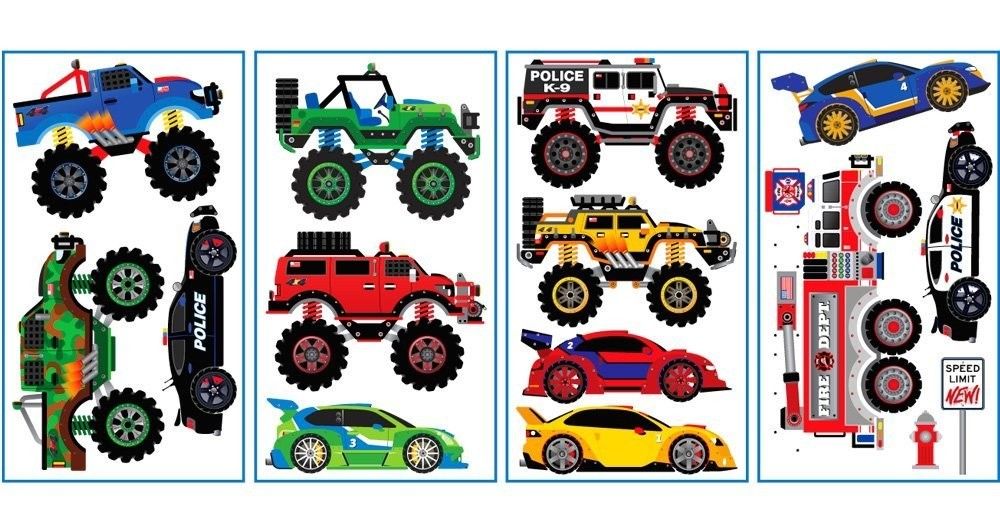 MONSTER TRUCKS Wall Decals FIRE ENGINE POLICE RACE CAR JEEP Room ...