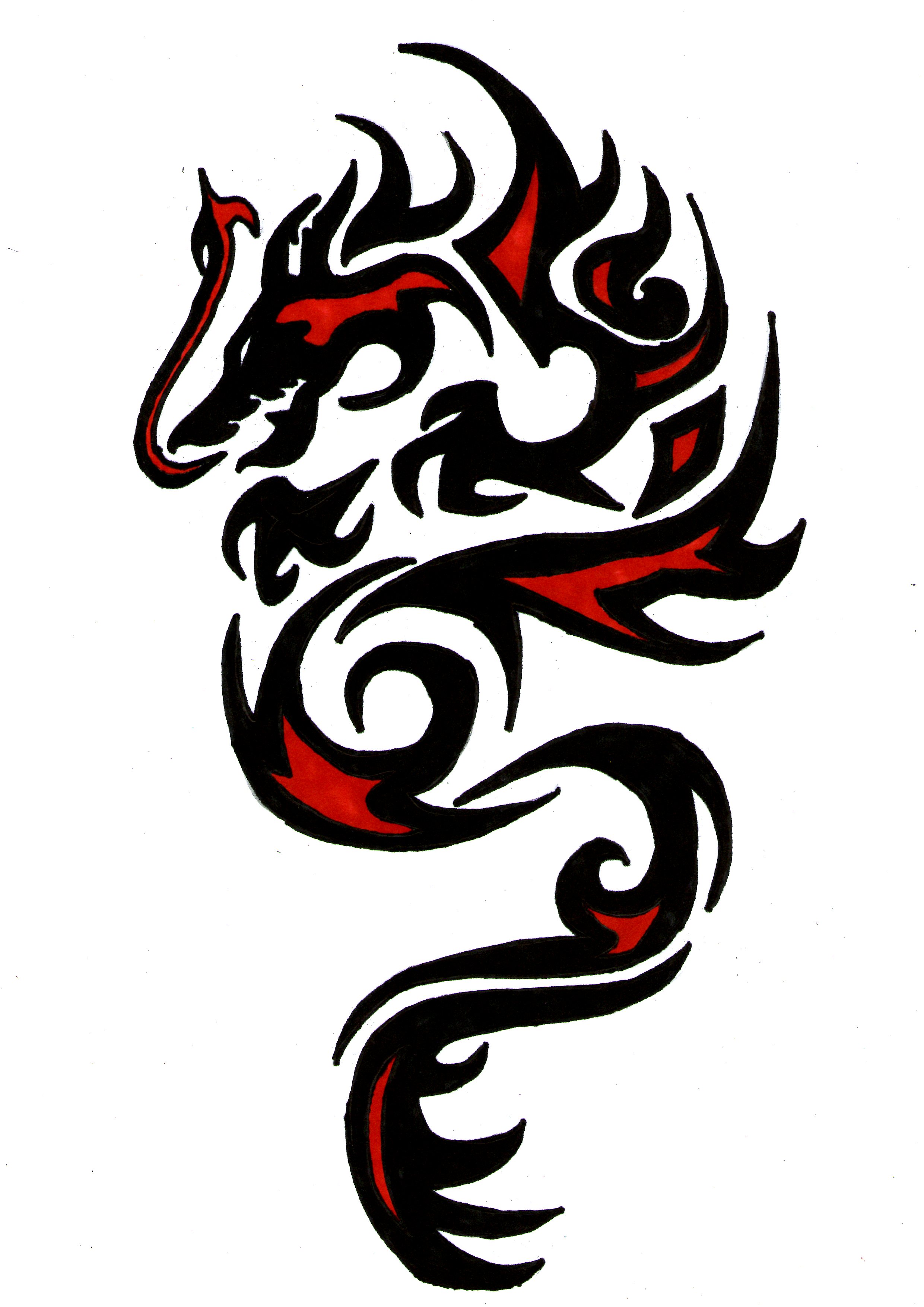 Tribal Red And Black Ink Dragon Tattoo Design