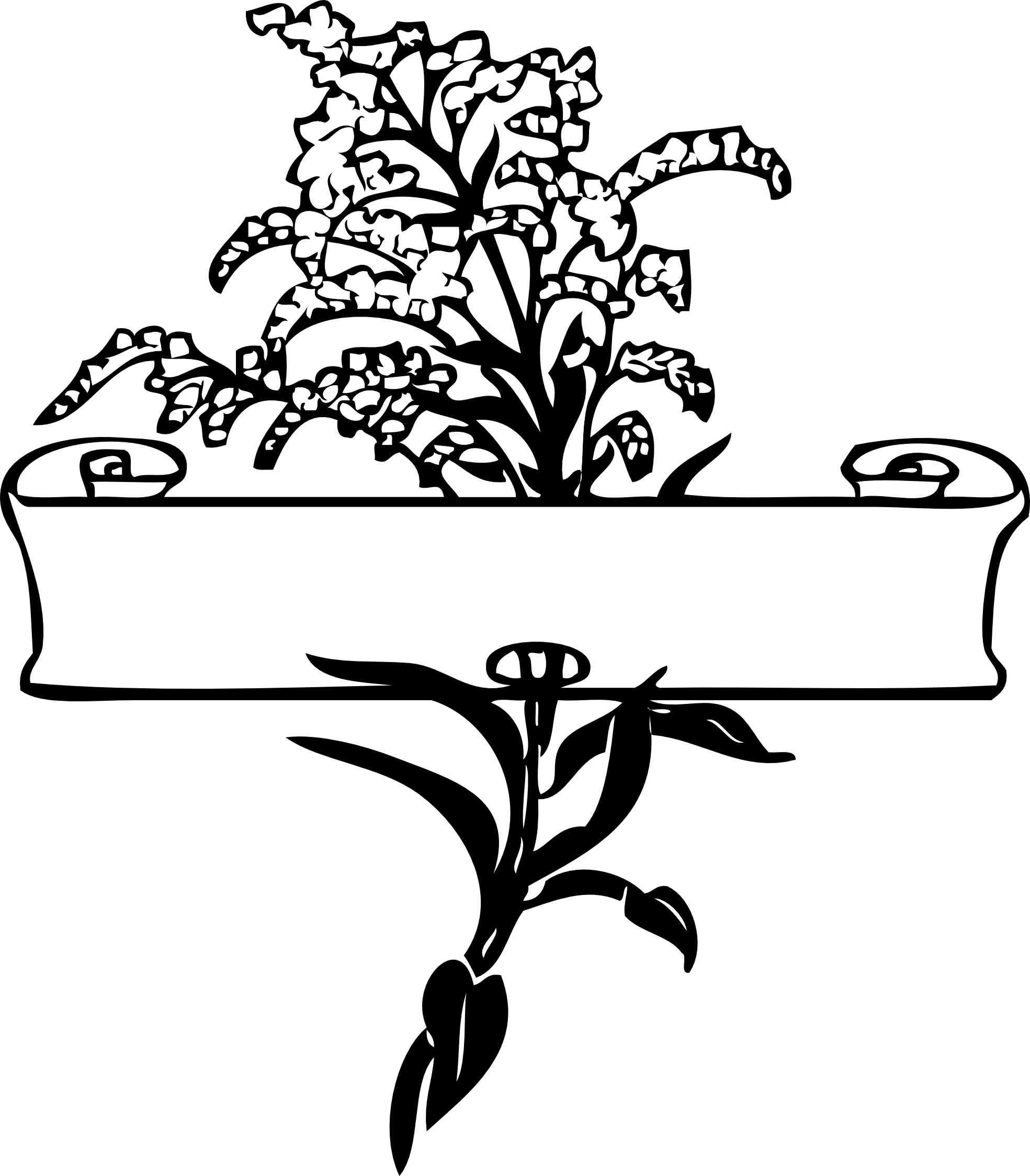 scroll with flower spray black white line art ...