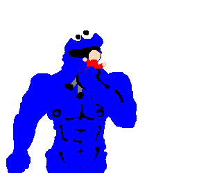 Buff cookie monster eating small person (drawing by Red Kettle)