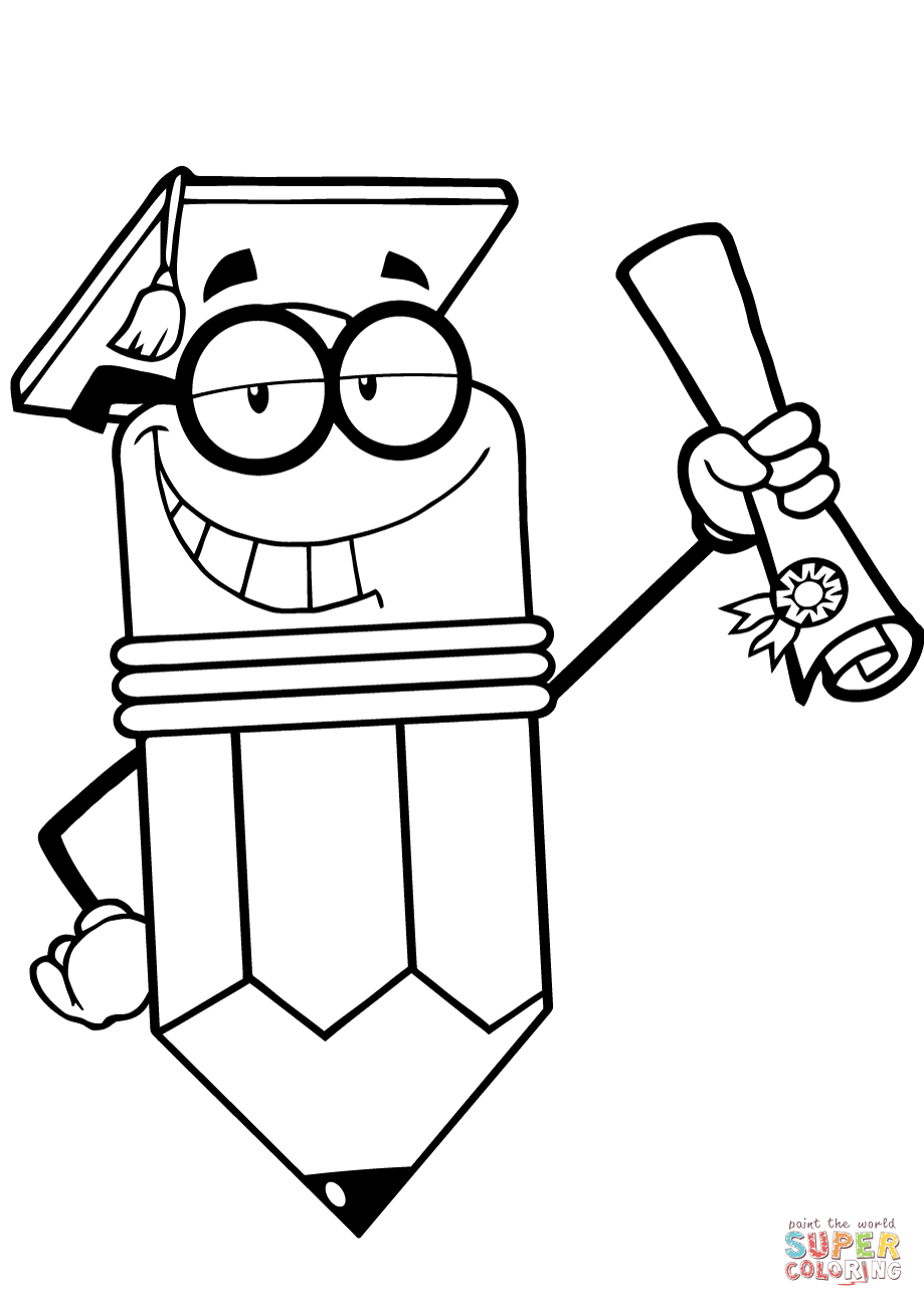 Happy Pencil Character Graduate with Diploma coloring page | Free ...