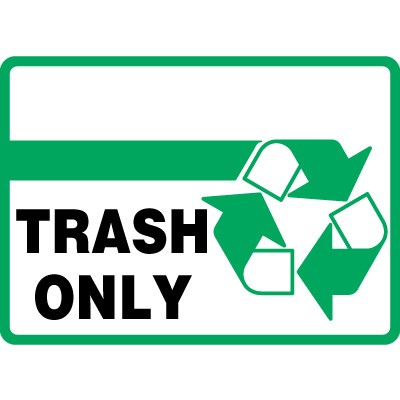 A sign that says &lsquo;Trash&rsquo; with an elegant black border and a trash can symbol in the center