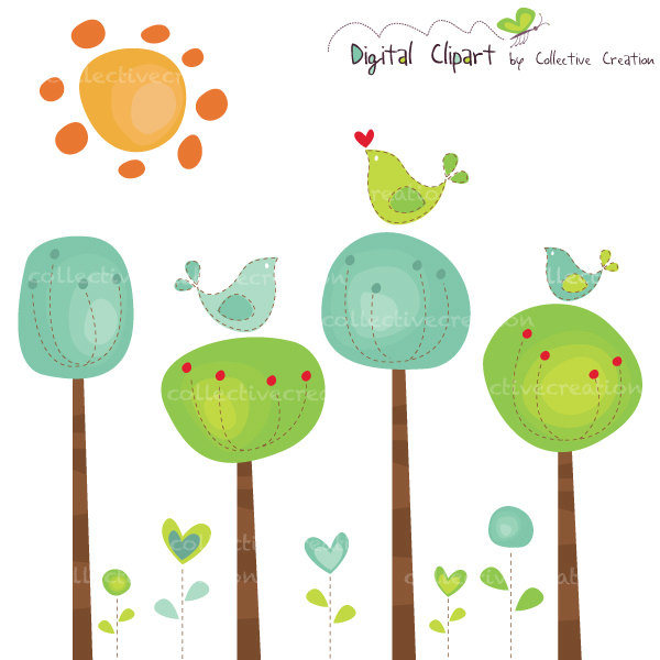 Circle Trees and Heart Birds Digital Clipart by CollectiveCreation