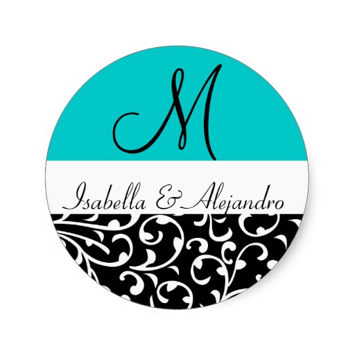 Aqua Blue Swirl Damask Monogram Wedding Stickers from Zazzle.