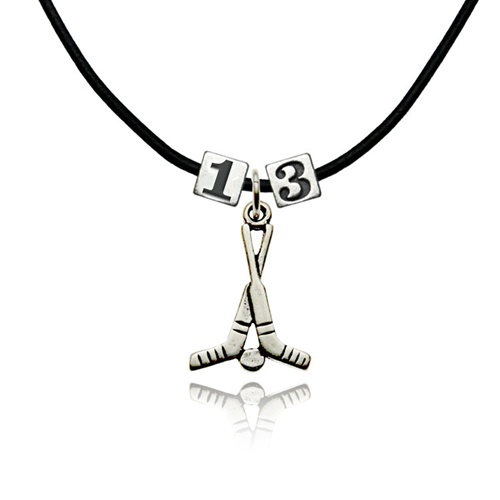 Sterling Silver Square Number Bead & Crossed Hockey Sticks Necklace