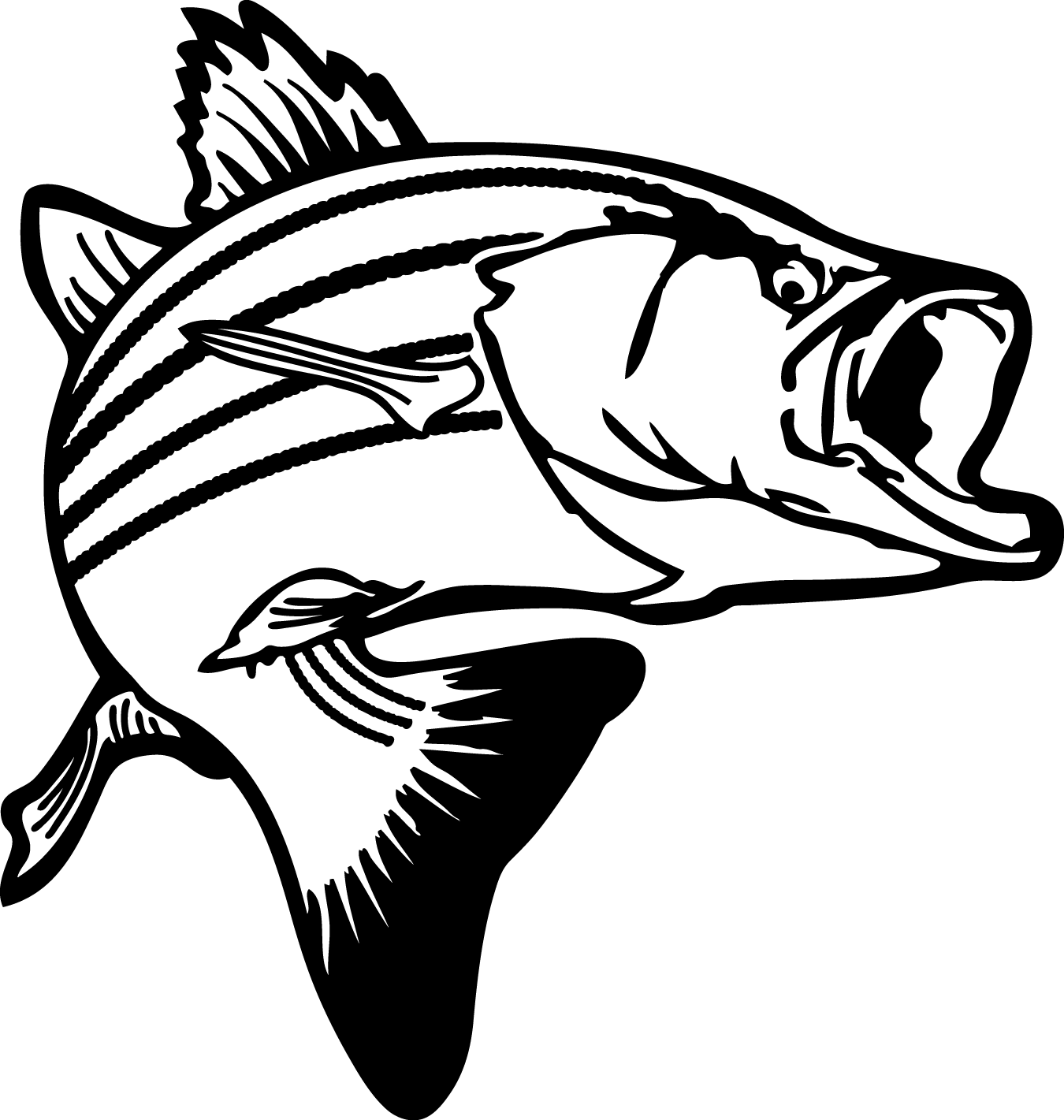 Bass fish with hook in mouth clipart black and white