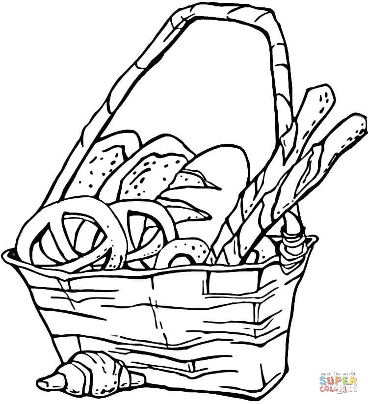 Basket of Pretzels and Bread coloring page | Free Printable ...