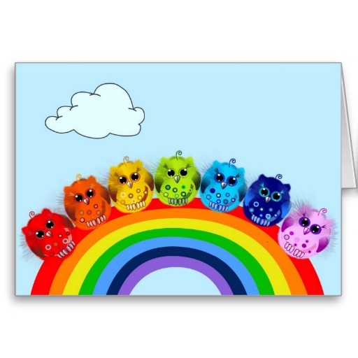 Cute cartoon birthday card Rainbow Owl babies from Zazzle.