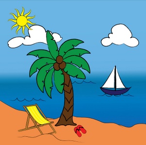 Beach Clipart Image - Tropical Beach with a Palm Tree and Sailboat